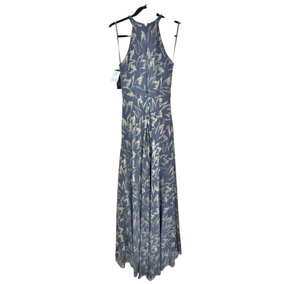 Betsy & Adam Long Foil Print Halter maxi Dress Sleeveless Steel/Gold Size 2 NWT - Picture 8 of 12